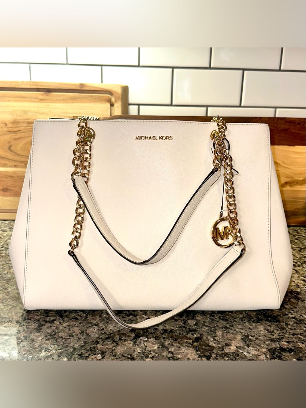 Michael Kors Large Susannah East West White Saffiano Leather Tote Gold Hardware